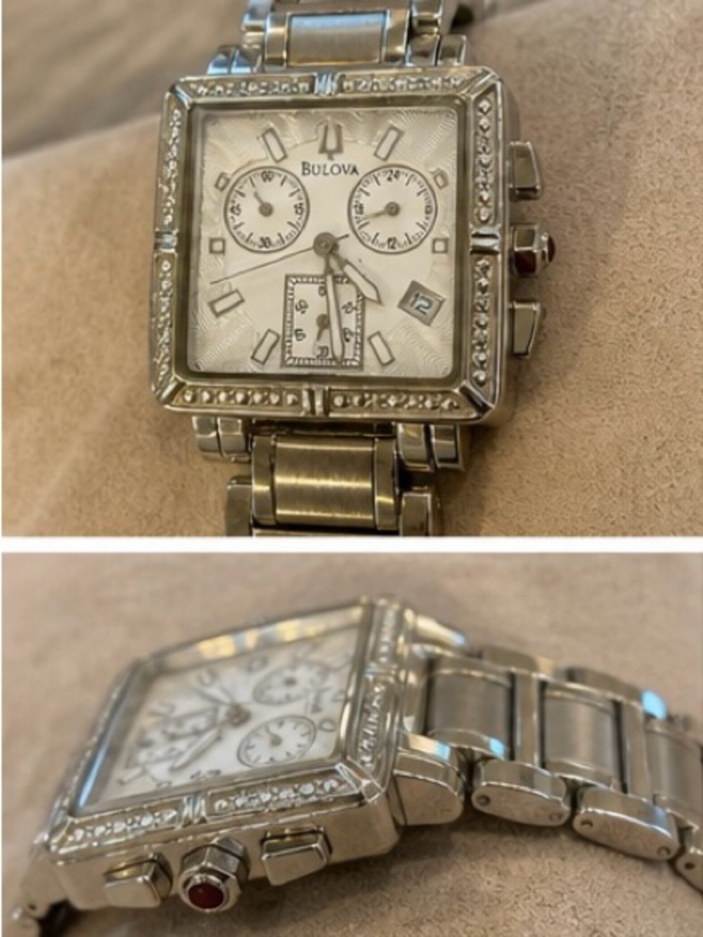 Bulova Silver-Tone Square Chronograph Watch with White Dial - Picture 4 of 4